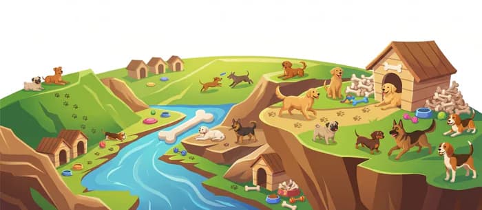 Ilustração isométrica do mundo dos Cães: cachorros, uma casinha e colinas verdes
