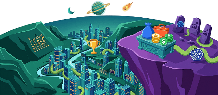 Ilustración isométrica del mundo de Negocios y finanzas: una ciudad de rascacielos, un trofeo, monedas y bolsas de dinero