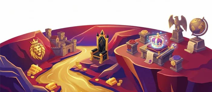 Ilustração isométrica do mundo da Liderança: um castelo, um trono, um globo e um leão