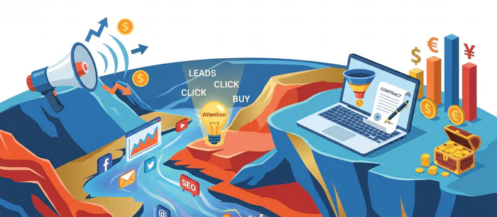Ilustración isométrica del mundo de Marketing: un megáfono, gráficos, una laptop y un cofre del tesoro