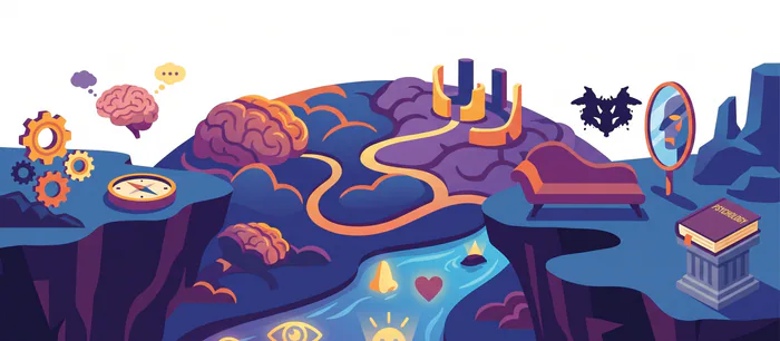 Ilustración isométrica del mundo de Psicología: cerebros, engranajes, un diván de terapia y un espejo