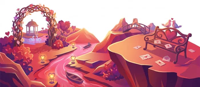 Ilustración isométrica del mundo de Relaciones: un arco de rosas, una banca de parque y cartas de amor