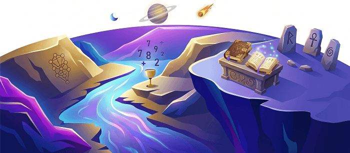 Ilustración isométrica del mundo Espiritual: una copa, números, un libro abierto y piedras rúnicas sobre islas flotantes