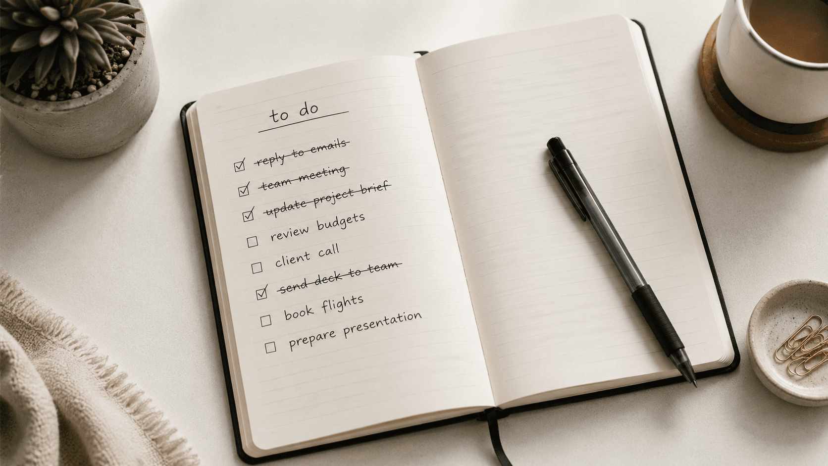 Overhead flatlay of a to-do list notebook with several crossed-out items, pen resting on the page