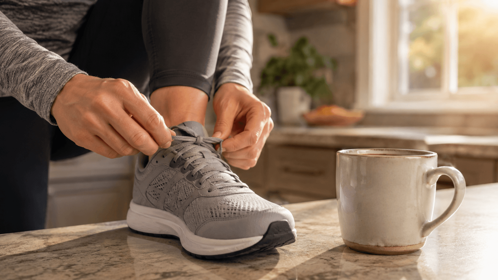 Close-up of a hand tying a running shoe beside a coffee cup on a kitchen counter, morning light
