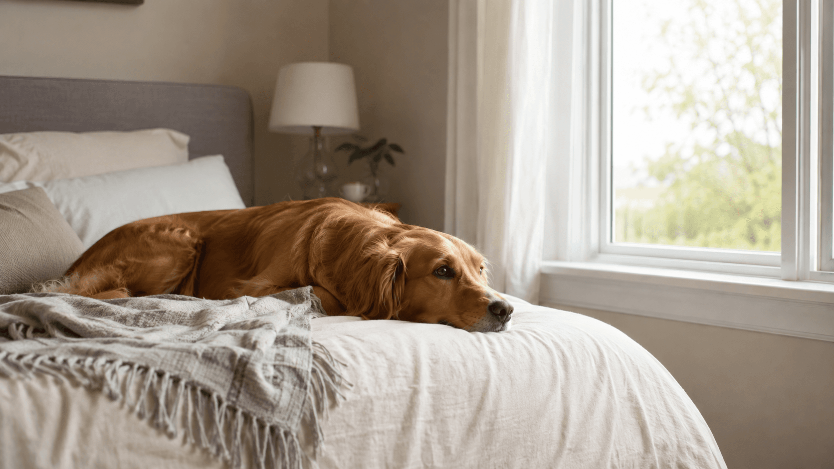 Un perro descansa tranquilamente sobre una cama junto a una ventana, iluminado por una luz suave y con el cuerpo relajado