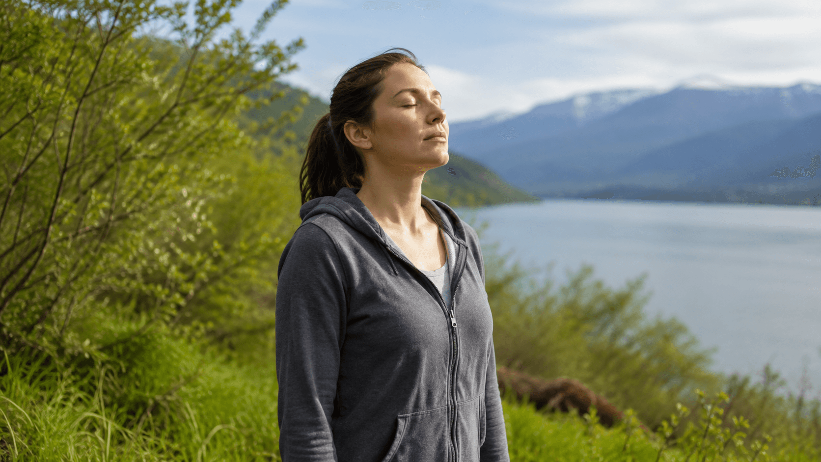 Una persona respirando despacio al aire libre, con los ojos cerrados y las manos relajadas a los lados, bajo una luz suave