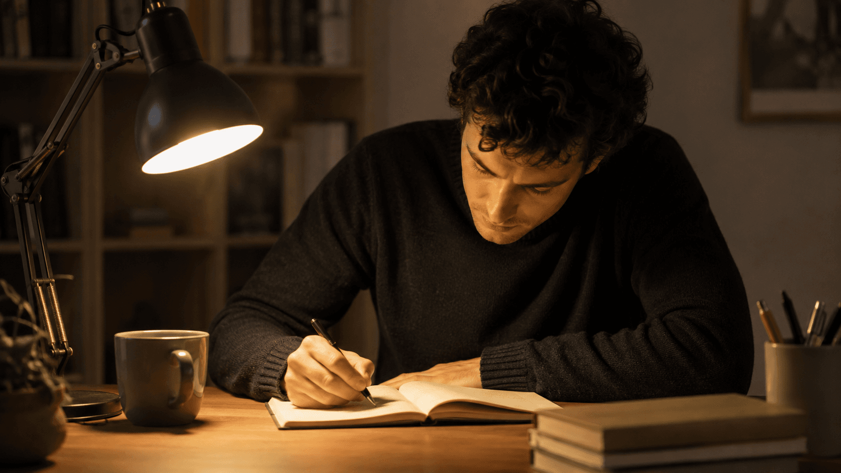 A person writing the first sentence in a notebook, focused posture, warm desk lamp light