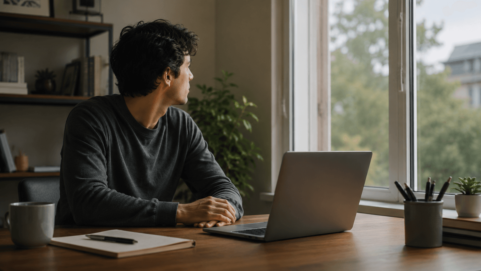 A person sitting at a desk, laptop open, gaze turned away toward a window, hands resting still
