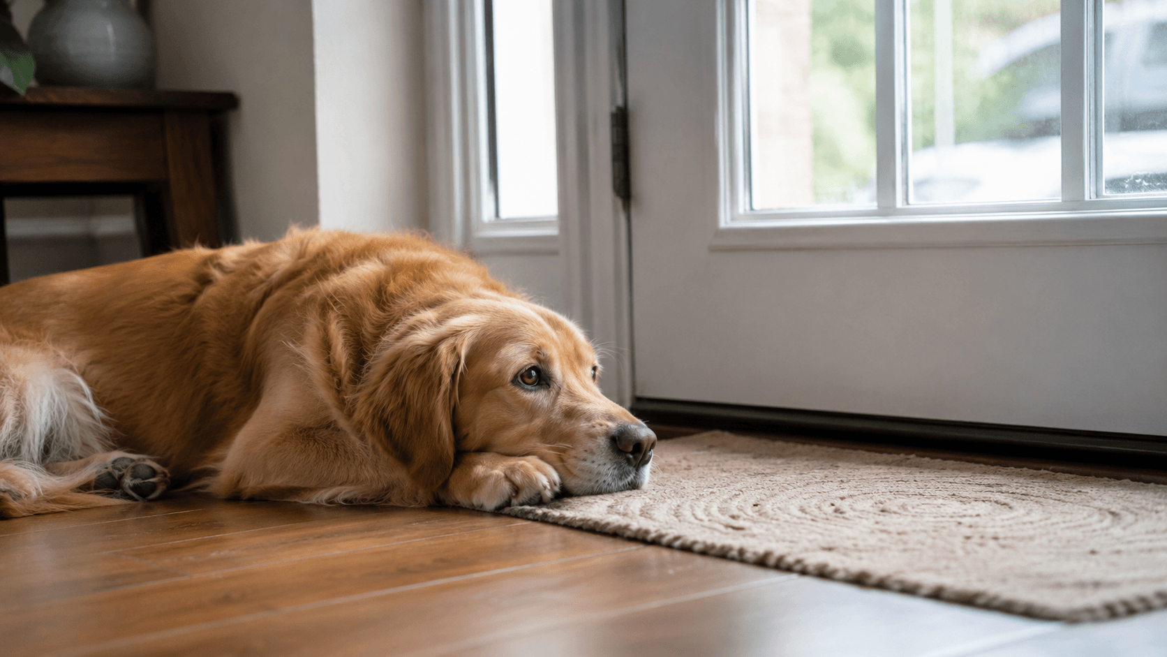 Un perro tumbado junto a la puerta de entrada, con la cabeza apoyada sobre las patas y la mirada dirigida hacia ella