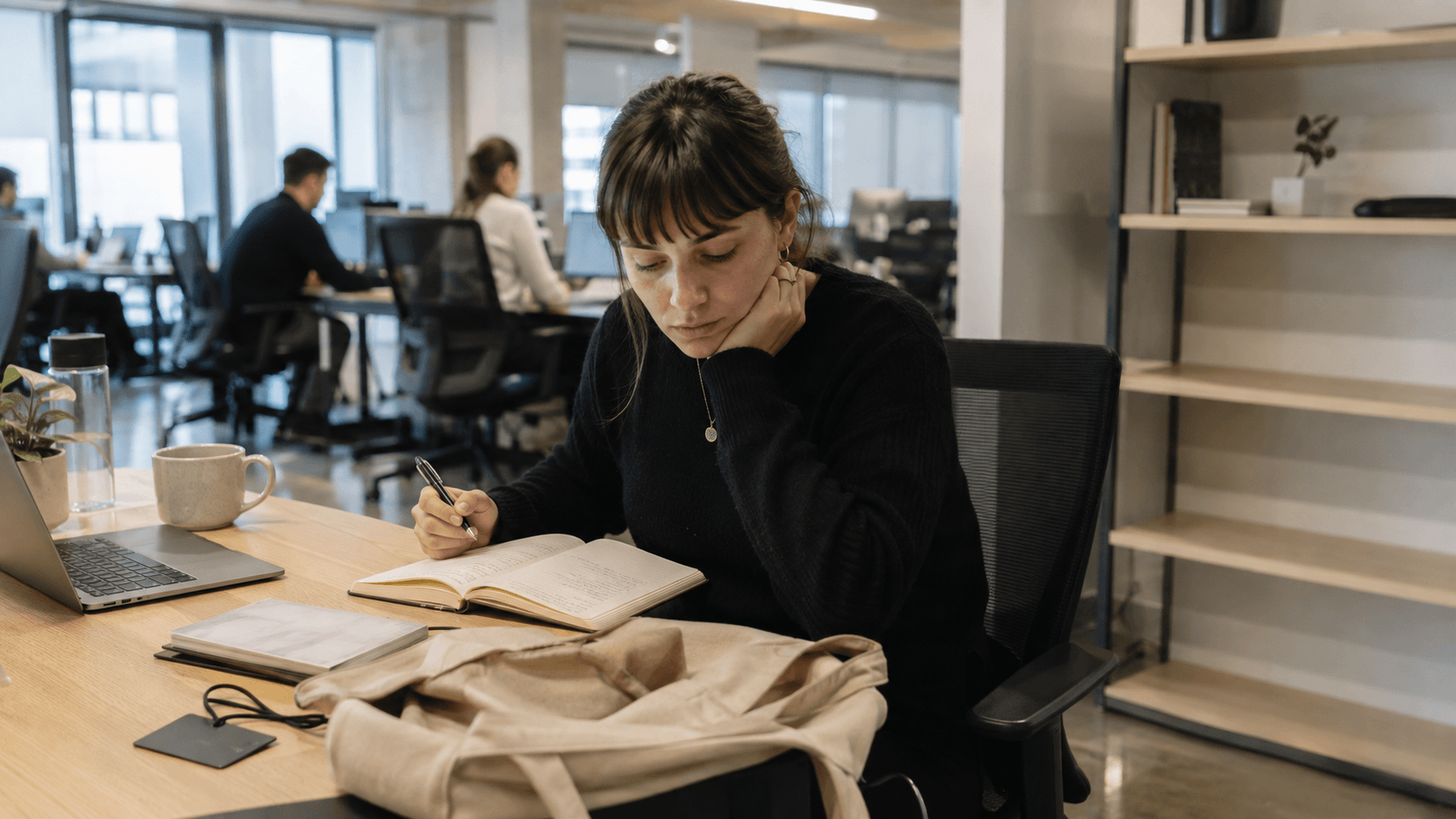 Fotografia editoriale spontanea in un ufficio o spazio di coworking dall'aspetto nuovo. Una persona è seduta da sola alla scrivania, poco dopo una normale conversazione con un responsabile o un collega, e guarda un quaderno aperto con un'espressione assorta e familiare, più intensa di quanto la situazione sembri giustificare. Intorno, alcuni dettagli indicano che l'ambiente è nuovo: una borsa ancora da svuotare, un nuovo badge appoggiato a faccia in giù, uno scaffale quasi vuoto e pochi oggetti personali sistemati da poco. Sullo sfondo, leggermente sfocato, gli altri continuano a lavorare normalmente. La tensione visiva nasce da una vecchia reazione emotiva che riaffiora in un contesto davvero nuovo. Luce naturale da ufficio, realismo documentaristico, nessun conflitto plateale, nessun testo leggibile, nessun aspetto artificiale da foto aziendale di repertorio. 16:9.