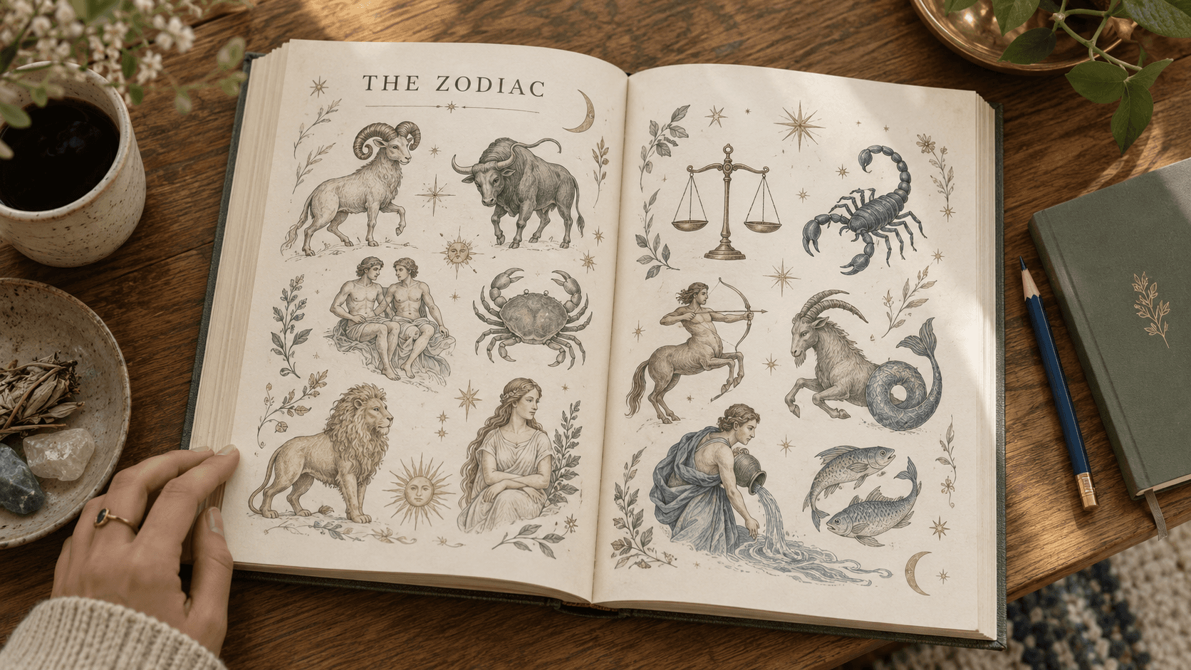 An open astrology book showing illustrations of the 12 zodiac signs on a wooden desk.