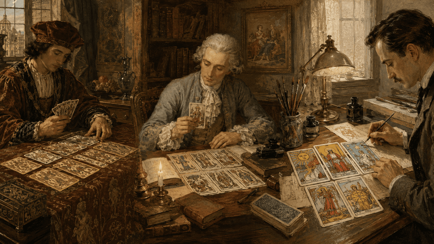 Illustration showing tarot developing from Renaissance Italian playing cards to modern illustrated tarot