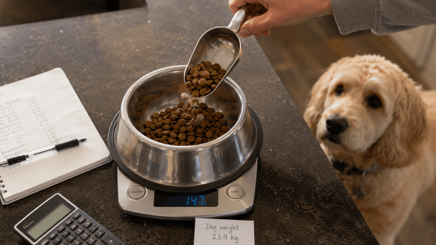 Alimento para perros medido en una báscula de cocina para calcular con mayor precisión la ración diaria