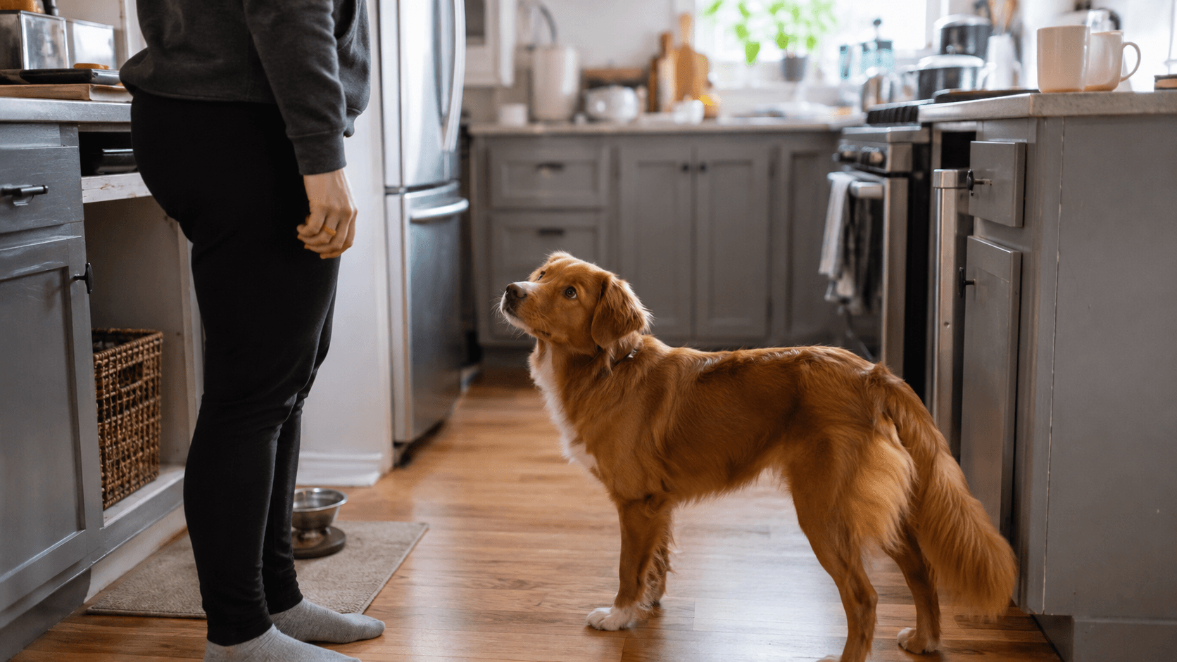 Cachorro sentado e atento em uma cozinha, olhando para uma pessoa que segura um pequeno petisco
