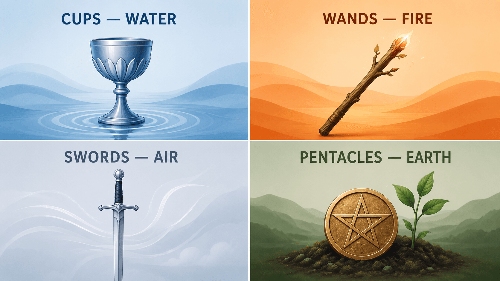 Infographic explaining Cups, Wands, Swords and Pentacles with their elements and themes