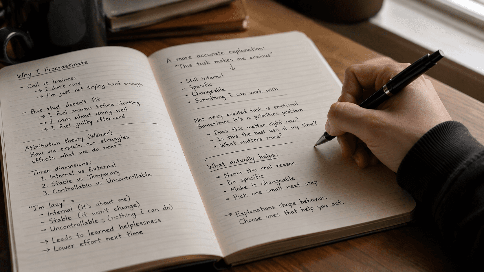 Un carnet ouvert où la phrase « Je suis paresseux » est remplacée par une explication plus précise liée à l’angoisse et à la procrastination