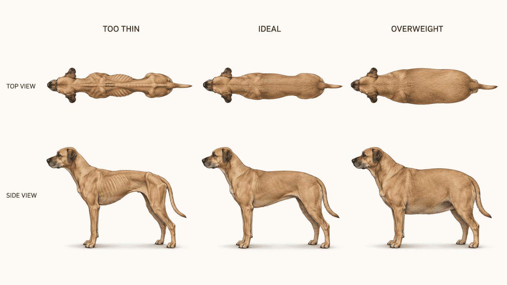 Infografía educativa limpia, de estilo veterinario, que muestra al mismo perro mediano de pelo corto con tres condiciones corporales: demasiado delgado, ideal y con sobrepeso. Cada condición aparece desde arriba y de perfil para mostrar claramente las diferencias en las costillas, la cintura y la retracción abdominal. El perro con condición ideal tiene una cintura visible detrás de las costillas y una retracción abdominal moderada; el perro delgado presenta costillas prominentes y una retracción más marcada; el perro con sobrepeso apenas tiene cintura y muestra un abdomen más plano o caído. Anatomía canina realista e ilustración clínica sobria, sin estilo de dibujos animados. Fondo blanco cálido neutro, líneas finas y sutiles, sombreado natural suave y espacio amplio. Sin iconos decorativos, exceso de etiquetas ni interfaces médicas ficticias. Formato 16:9.