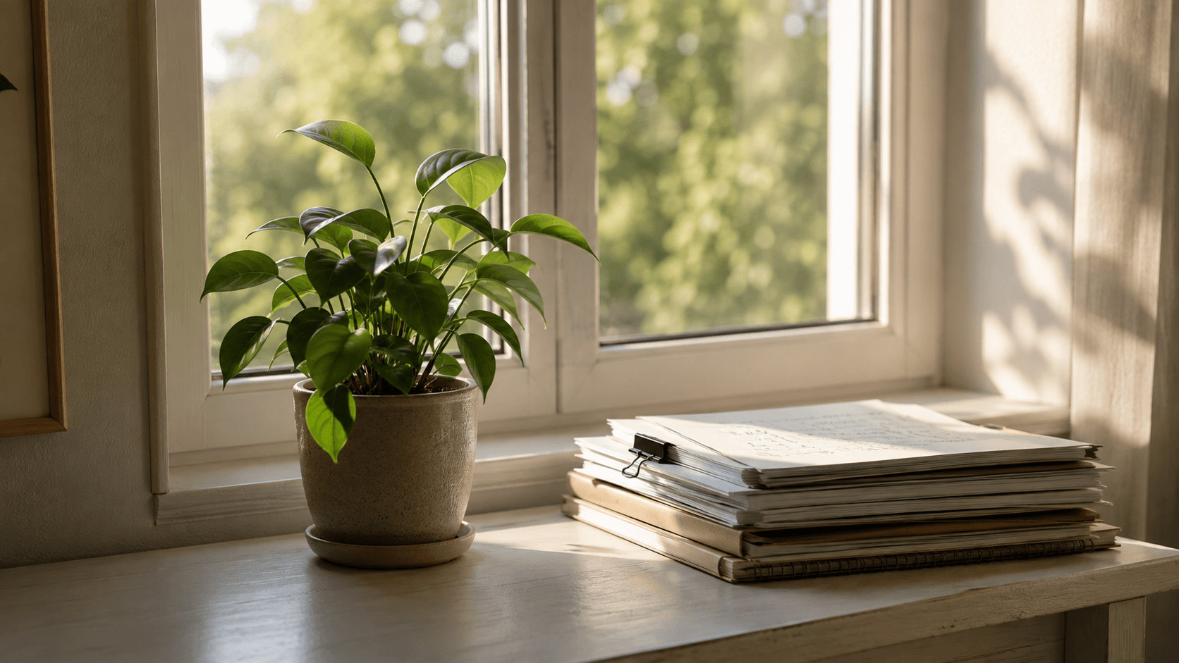 Petite plante en pot sur un rebord de fenêtre, à côté d’une pile de documents, dans une douce lumière naturelle