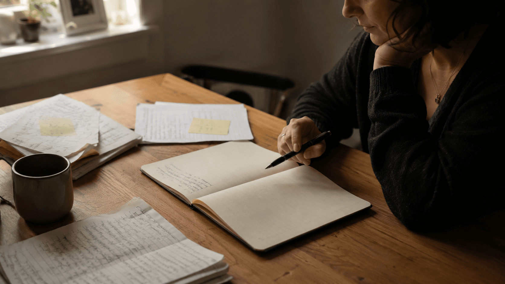A notebook open to a blank page beside a pen, natural window light, nothing yet written