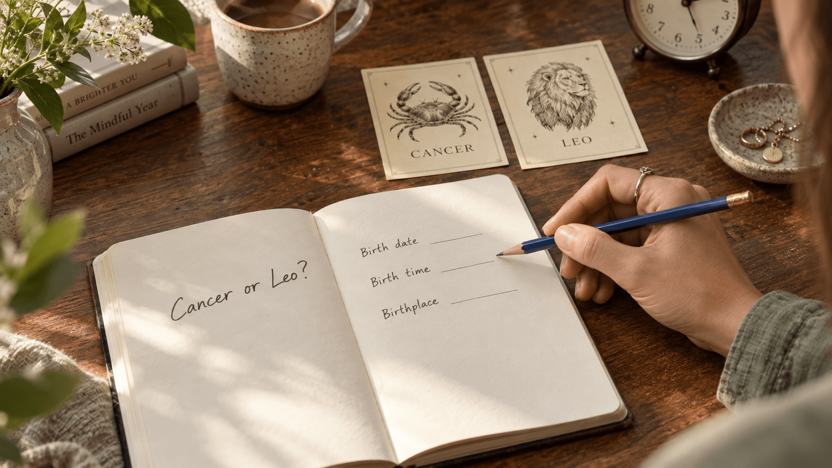 A notebook asking Cancer or Leo, with fields for birth date, birth time, and birthplace beside two zodiac cards.