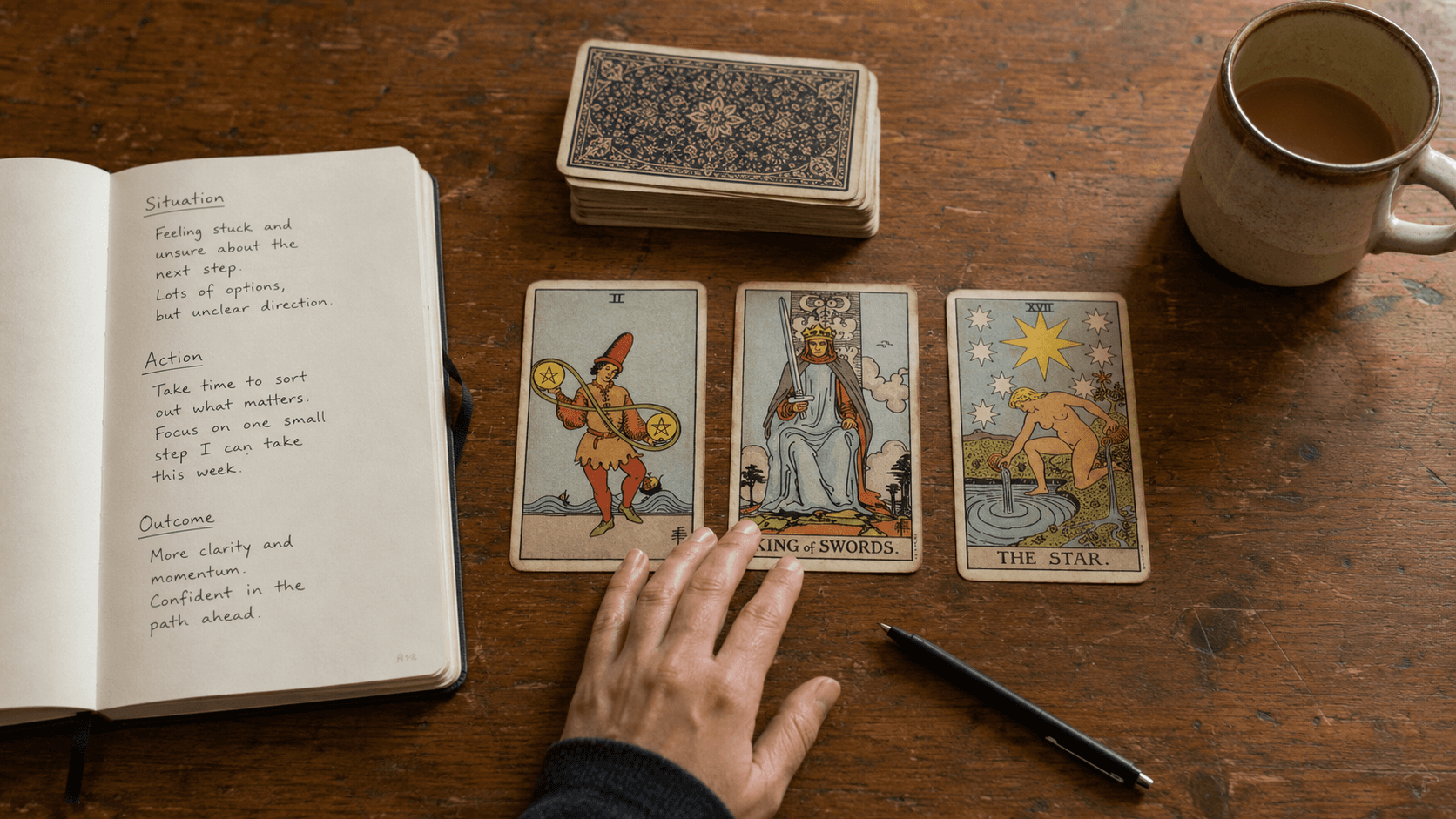 A three-card tarot spread with Situation, Action and Outcome notes for a beginner reading