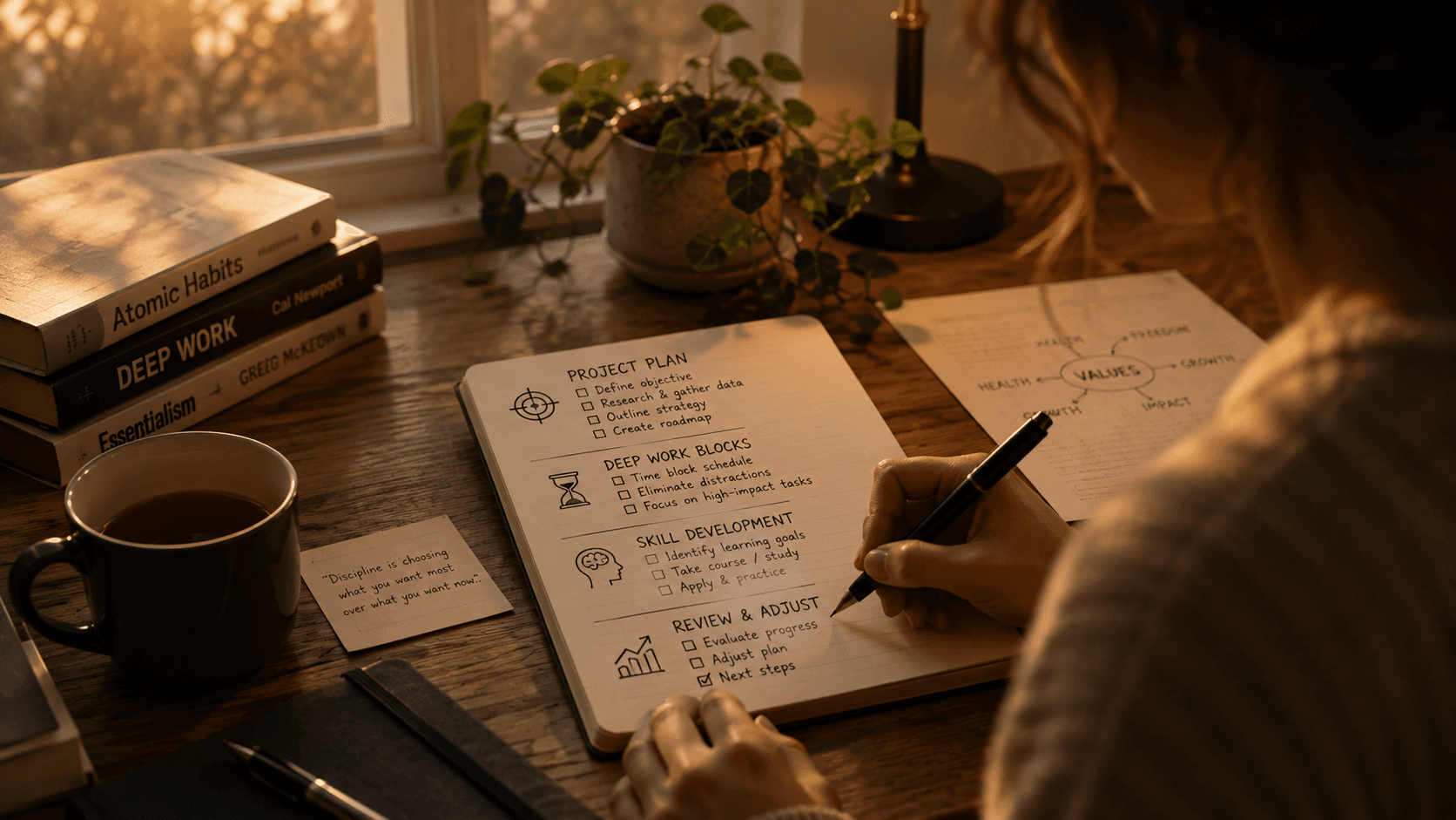 Personne cochant le dernier élément d’une courte liste manuscrite, dans une posture satisfaite et une chaude lumière du soir