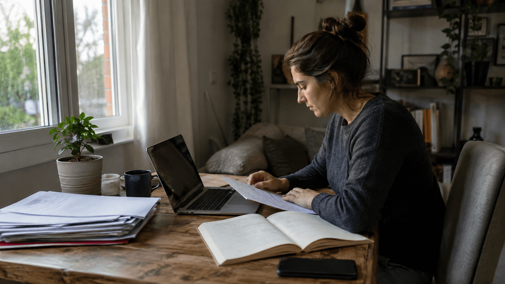 Une personne commence une tâche choisie sur son ordinateur portable, tandis que les autres documents sont mis de côté et que son téléphone est retourné