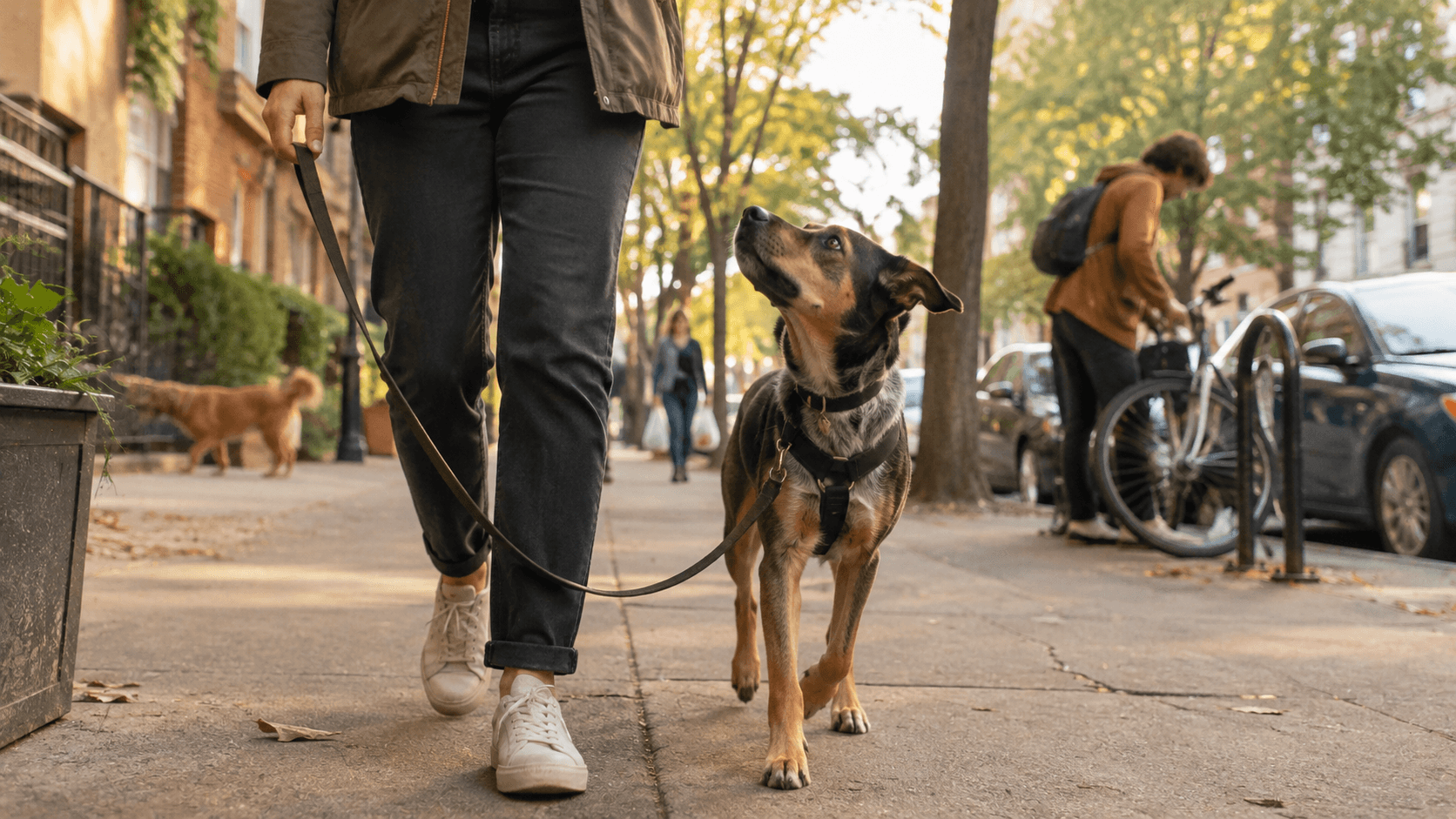 Cachorro e pessoa caminhando por uma calçada tranquila com a guia frouxa, enquanto o animal segue relaxado ao lado