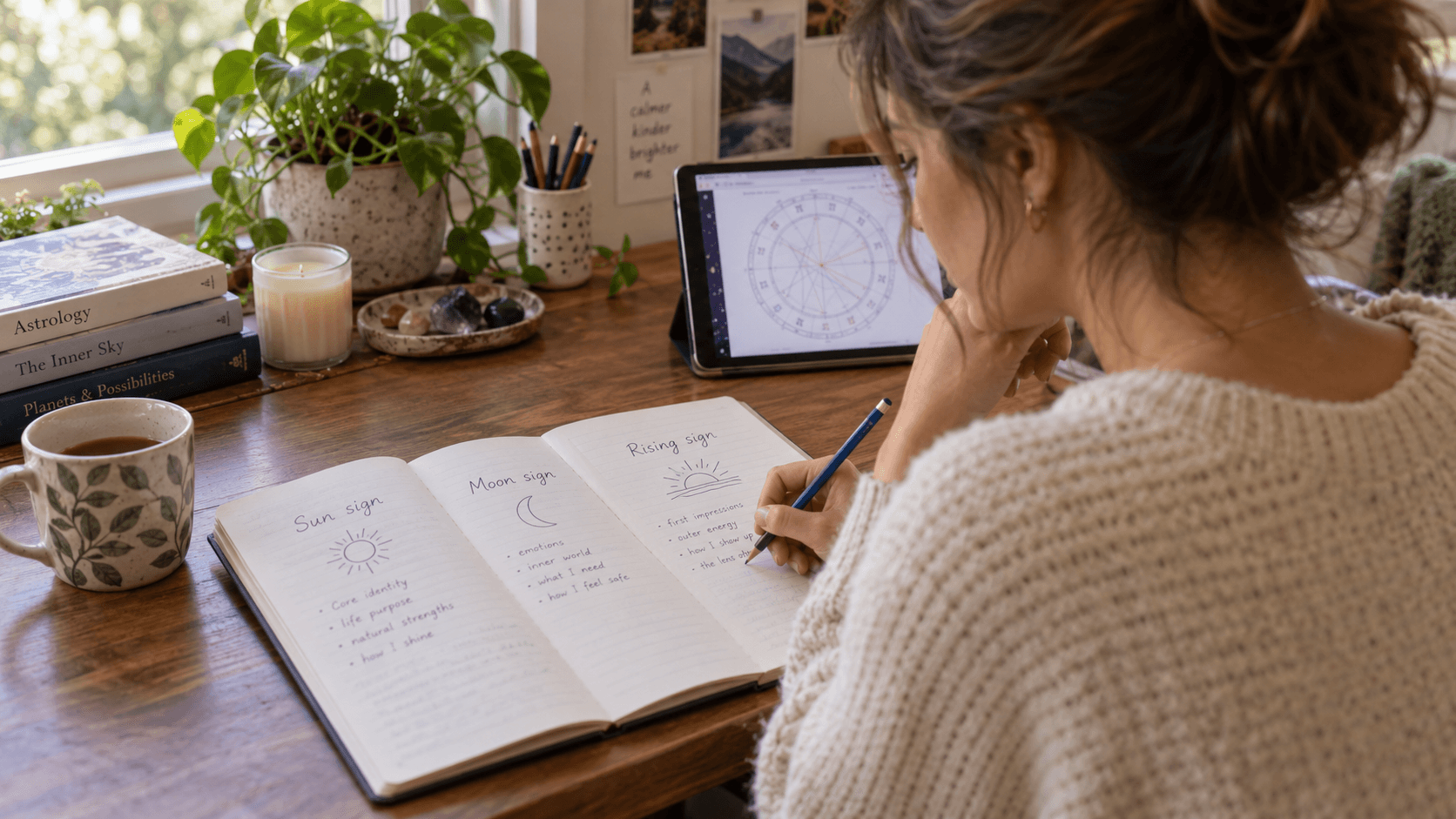 A woman taking notes on Sun, Moon, and rising signs while studying an astrology chart on a tablet.
