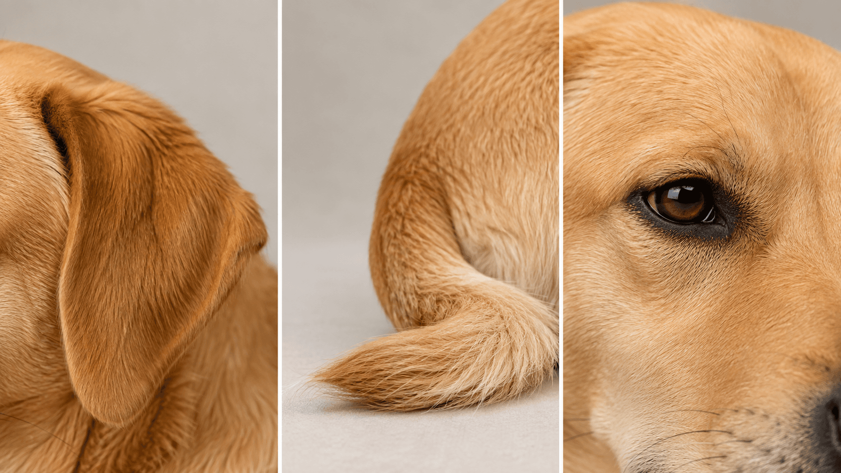 Primer plano de la oreja, la cola y el ojo de un perro en tres paneles pequeños que muestran posiciones neutrales de reposo
