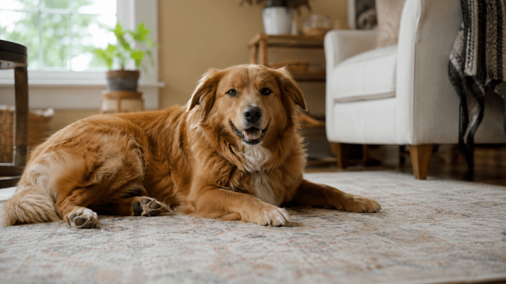 Perro tumbado sobre una alfombra con una postura suelta y relajada, el peso bien distribuido y la boca ligeramente abierta