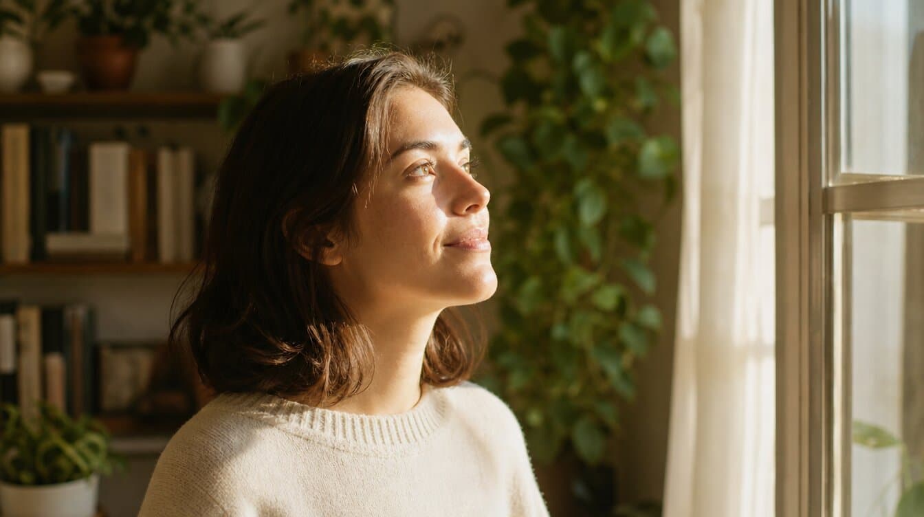 mujer con jersey color crema junto a una ventana, luz dorada sobre el rostro y una leve sonrisa esperanzada, con plantas y una estantería al fondo