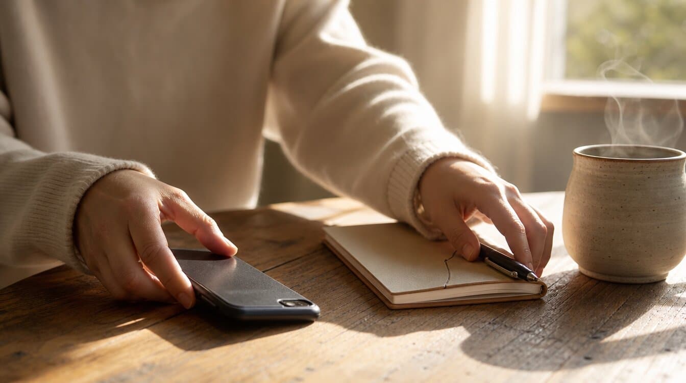 manos sobre una mesa de madera, una colocando un teléfono boca abajo y la otra buscando un cuaderno y un bolígrafo, con una taza de té humeante cerca y cálida luz de mañana
