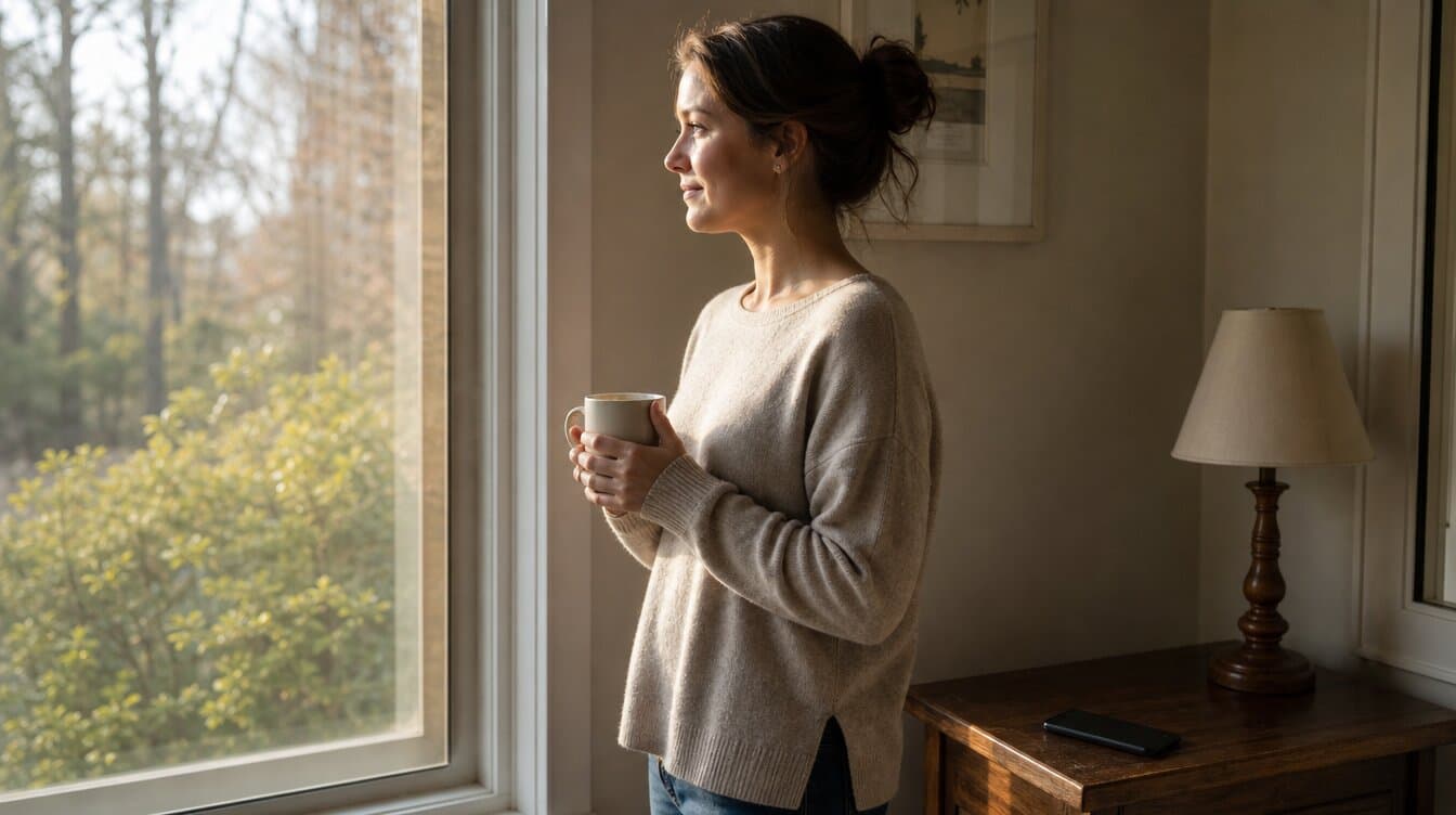 Donna con una tazza accanto alla finestra affacciata sul bosco, in un momento di calma legato all'attaccamento ansioso