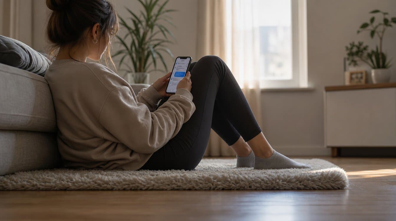 Donna seduta sul tappeto accanto al divano guarda lo smartphone, in un'atmosfera introspettiva legata al test sull'attaccamento ansioso