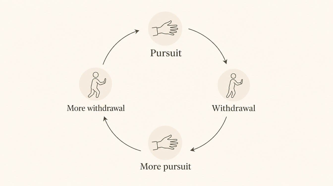 Infographie minimaliste du cycle circulaire poursuite-retrait, avec icônes et flèches illustrant la dynamique d’attachement anxieux-évitant