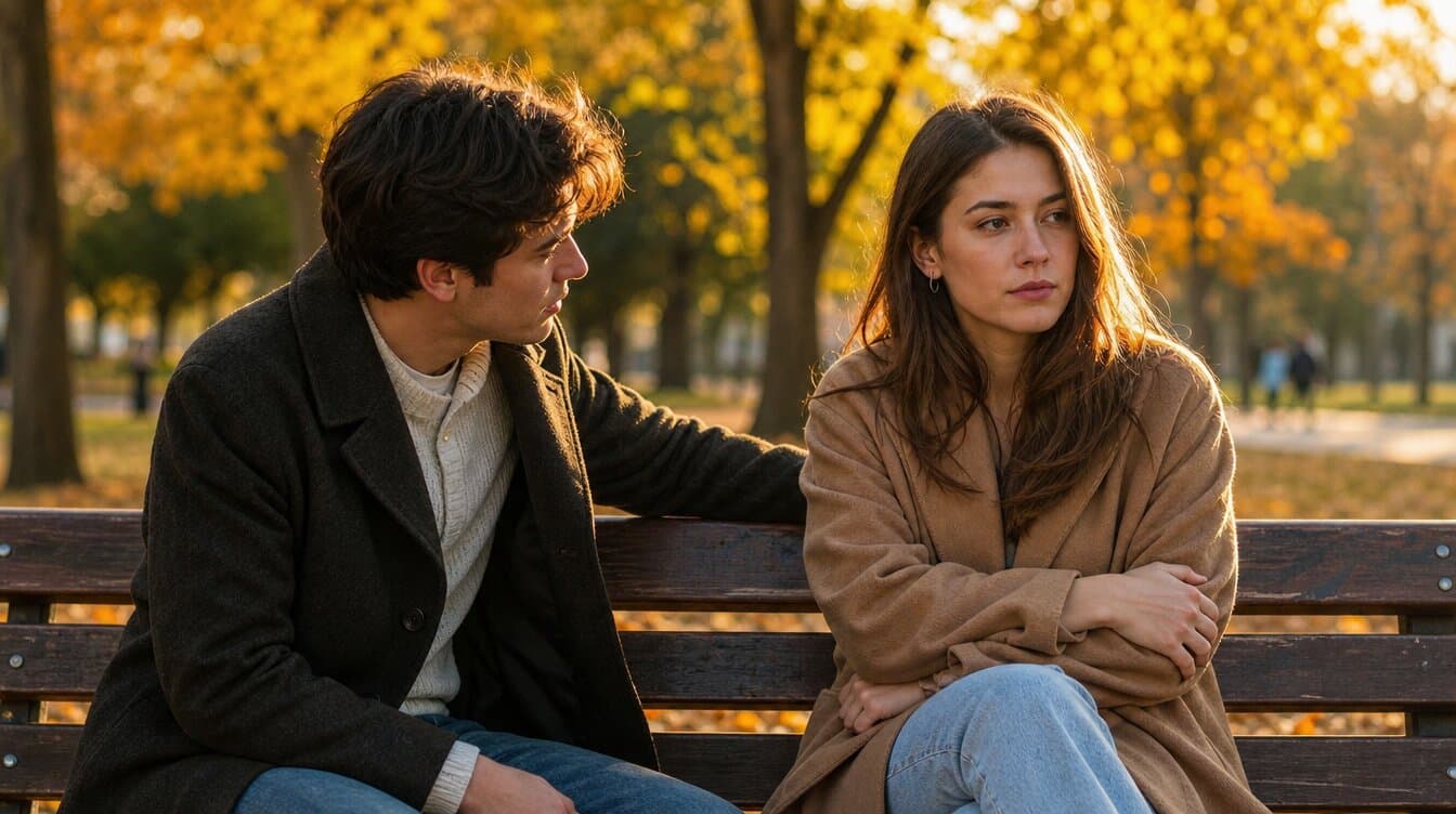 Couple assis sur un banc dans des postures asymétriques : l’homme se penche vers la femme, qui croise les bras et détourne le regard, illustrant la distance émotionnelle anxieux-évitant
