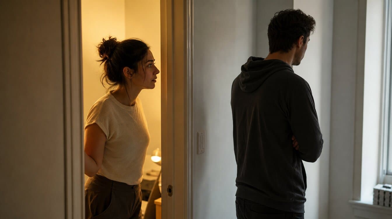 Dans l’encadrement d’une porte baigné d’une lumière chaude, une femme inquiète regarde un homme bras croisés éclairé d’une lumière froide, illustrant la déconnexion émotionnelle anxieux-évitant