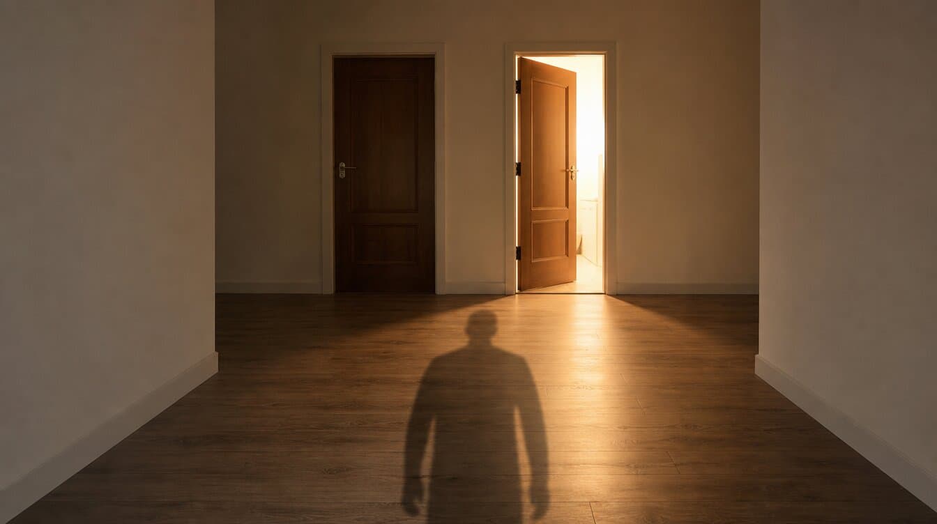long couloir menant à deux portes, l’une ouverte et baignée de lumière, l’autre fermée, avec l’ombre d’une personne entre les deux