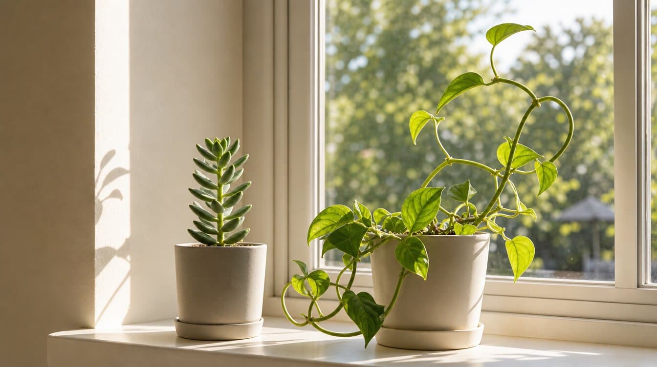two potted plants on a windowsill — a succulent growing straight upward and a vine curling back on itself, soft afternoon light