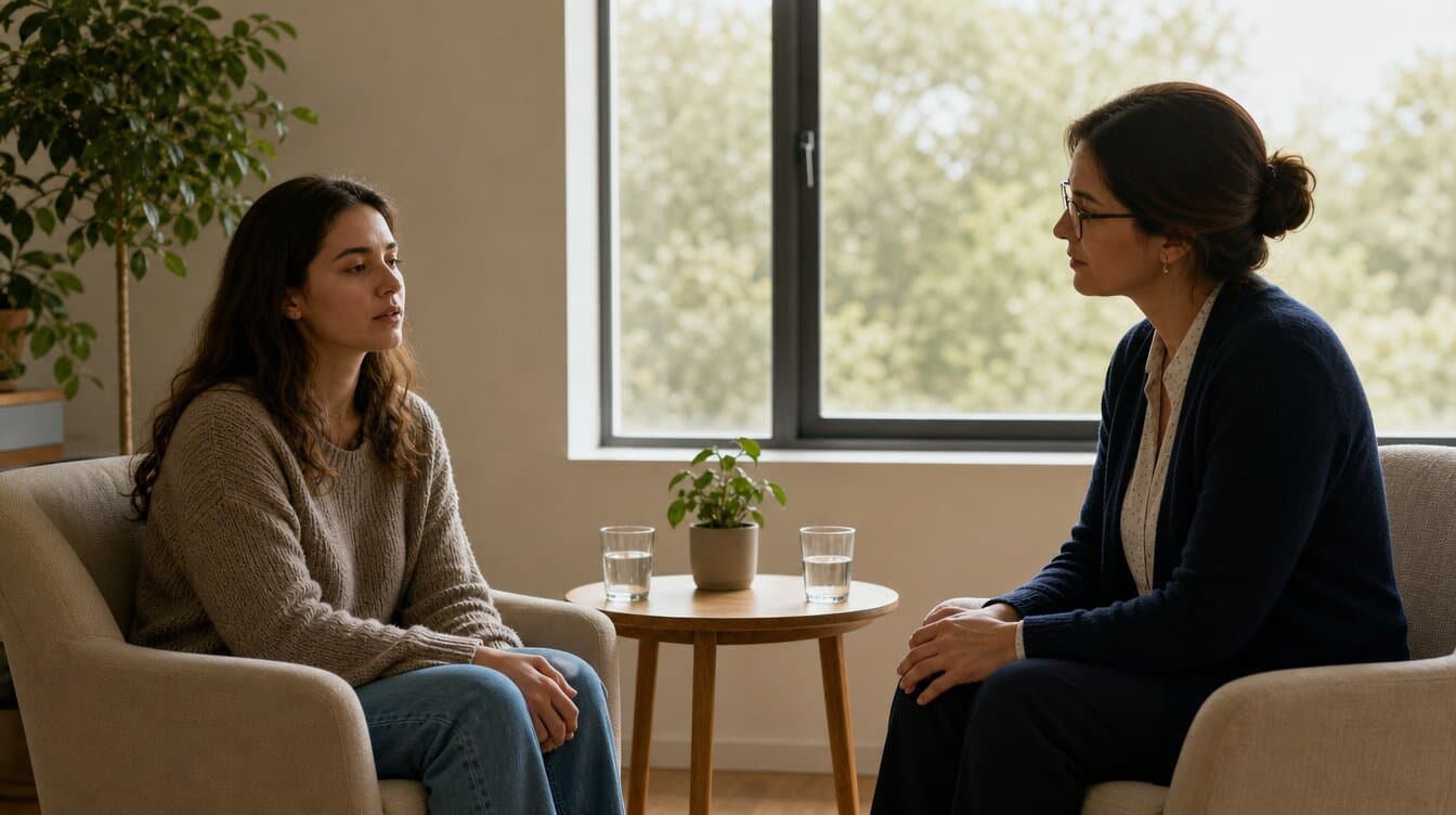 Dos personas sentadas frente a frente en sillones; una escucha con atención bajo una suave luz natural