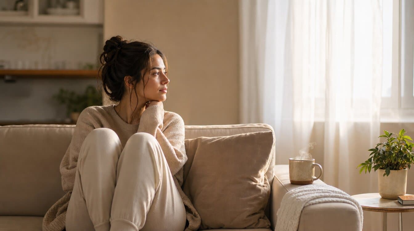 femme assise à gauche sur un canapé beige, regardant l’espace vide à côté d’elle, avec une tasse fumante posée sur le siège libre et une douce lumière naturelle