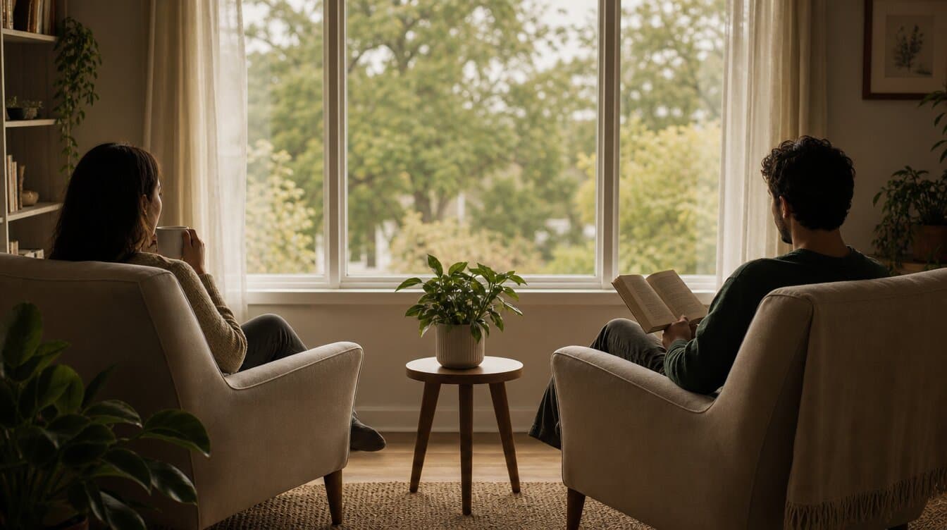 deux personnes assises dans des fauteuils séparés face à une fenêtre, avec de l’espace entre elles, l’une lisant un livre et l’autre tenant une tasse, dans une cohabitation paisible et silencieuse