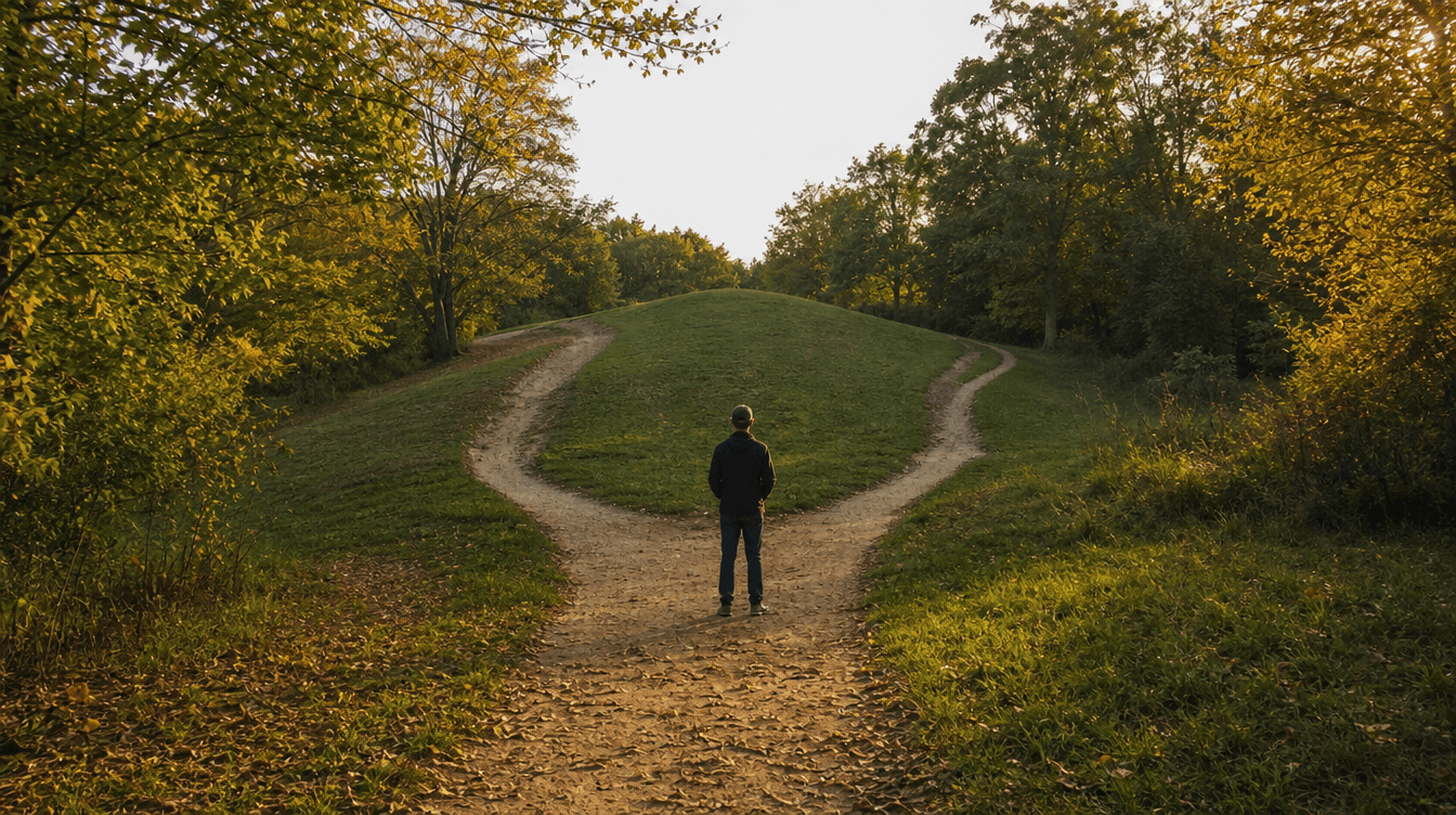 a path in a park splitting into two paths that merge back into one, a person standing at the merge point, golden hour light