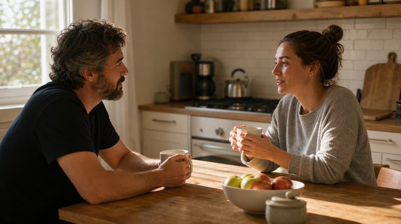 duas pessoas sentadas frente a frente à mesa da cozinha, com canecas, conversando de forma descontraída sob a luz quente da tarde