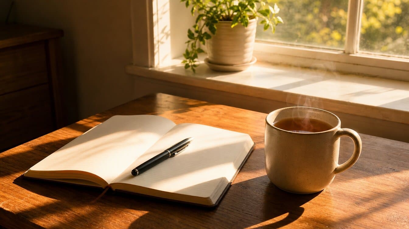 carnet ouvert avec un stylo sur une table en bois près d’une fenêtre ensoleillée, tasse de thé fumante, plante en pot sur le rebord et chaude lumière matinale