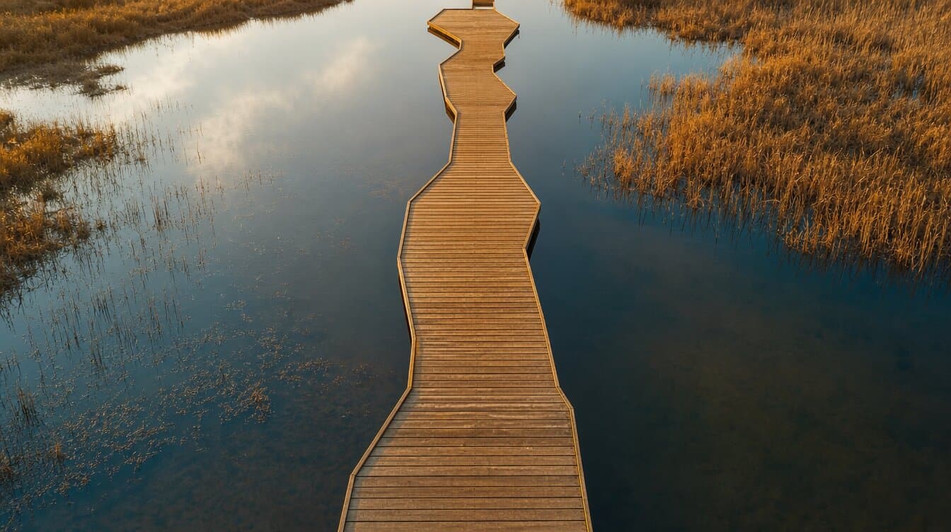passerelle en bois formant des zigzags sur une eau calme, vue d’en haut, évoquant un chemin non linéaire dans la douce lumière du soir