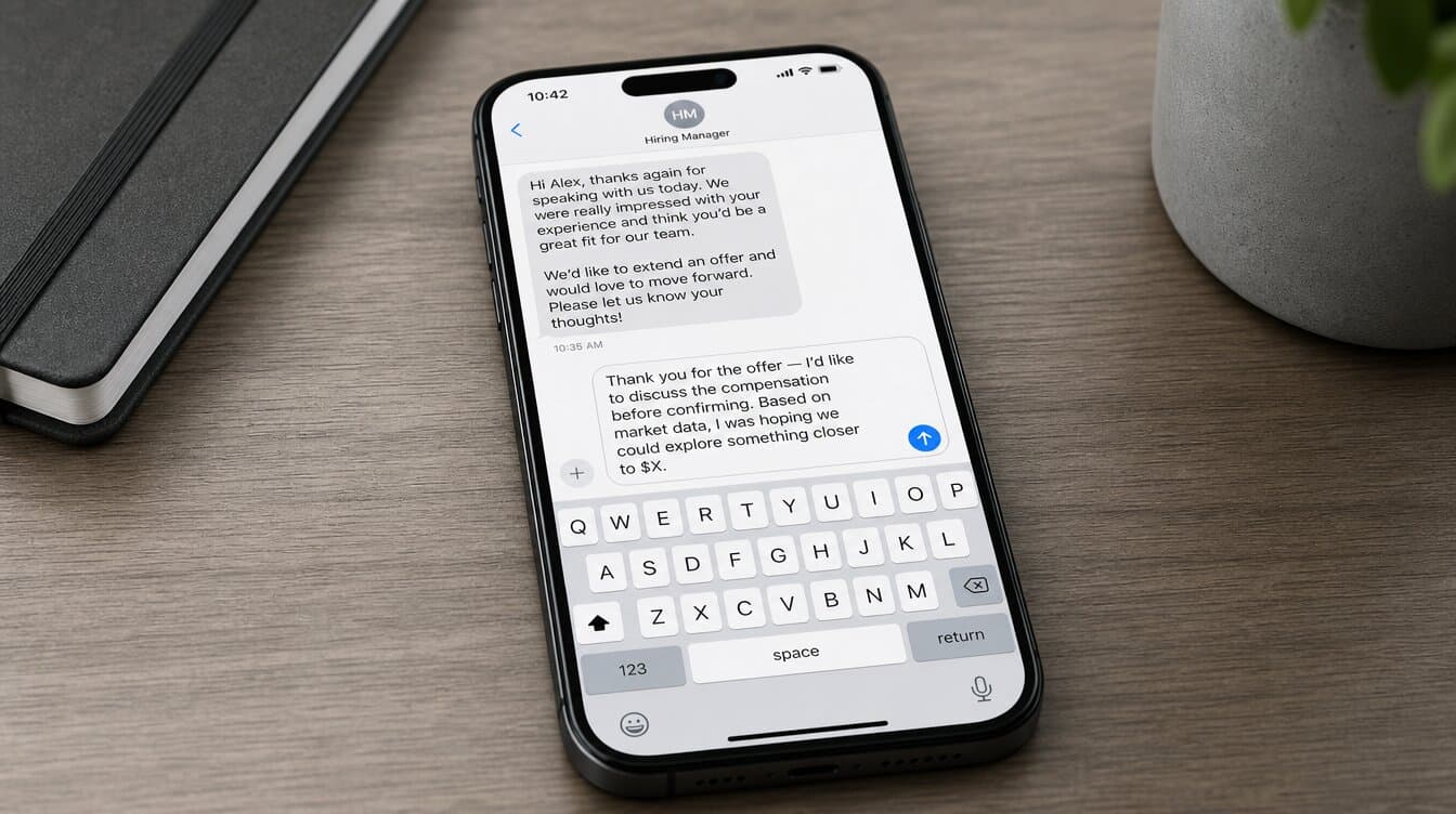 Smartphone on desk showing text message draft with send button, modern salary negotiation email follow-up