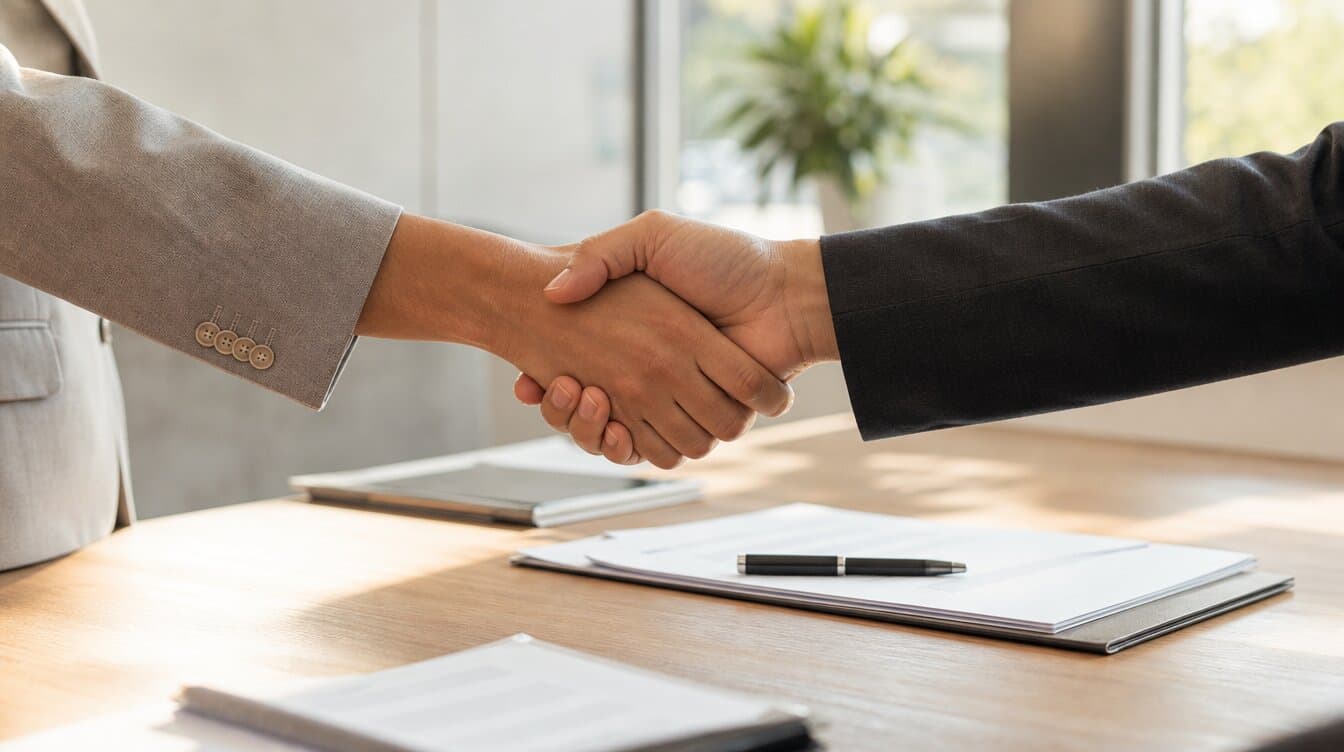 Person confidently shaking hands across a desk at the close of a successful meeting